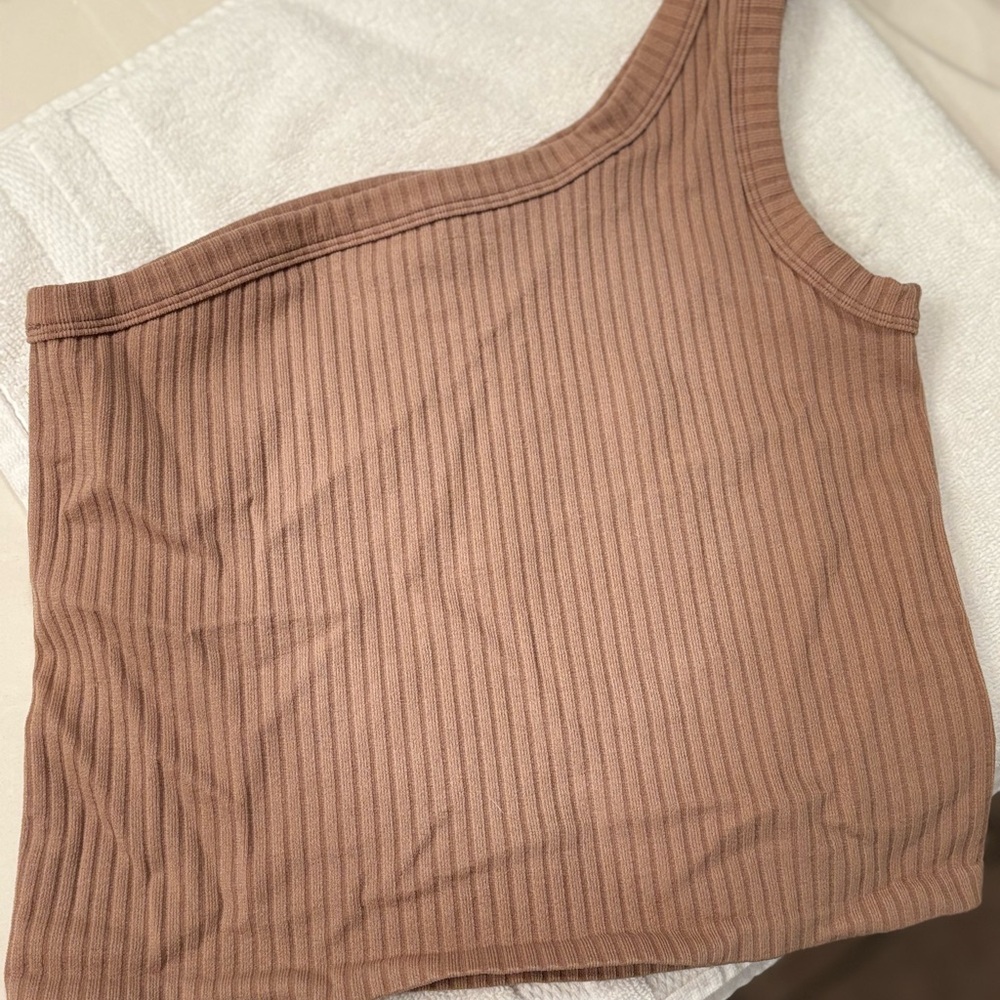 One-Shoulder Taupe Ribbed Crop Top